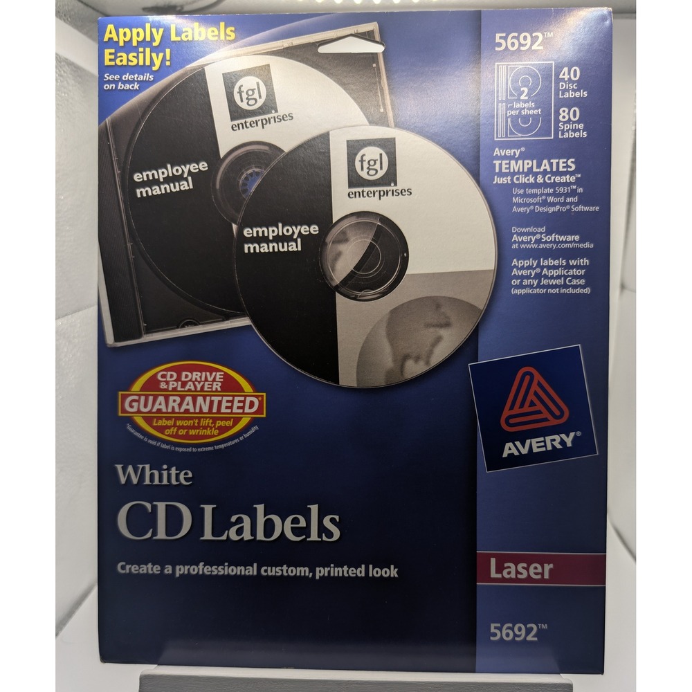 Avery CD Labels White 5692 Laser Printer Disc Spine Labels 40 Count NEW